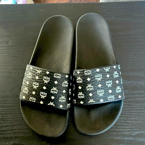 MCM Shoes - MCM Women’s Black Visetos Monogram Logo Print Slides Women Size 8